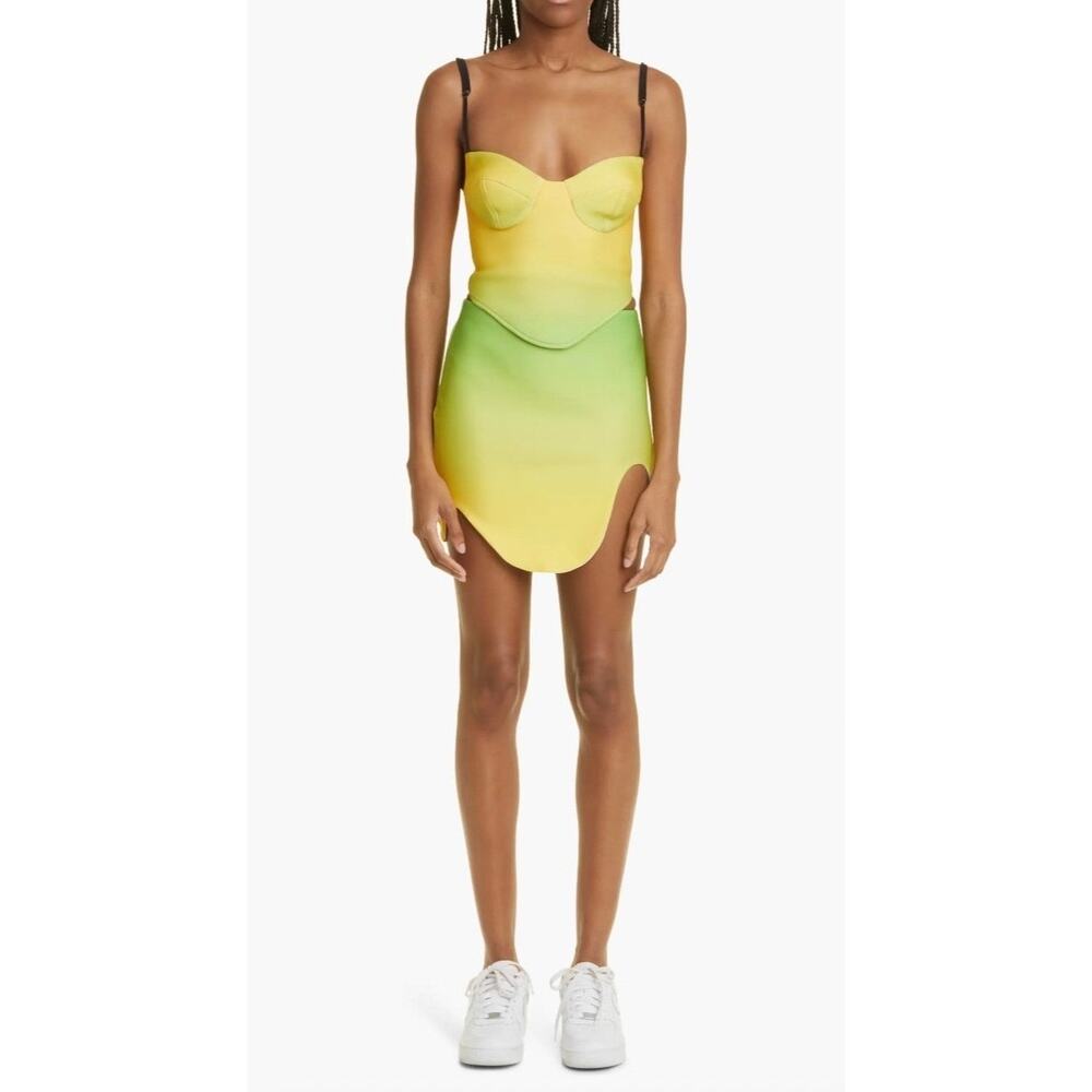 SAMMY B Oval Place Ombre Mini Skirt Womens Medium Green Yellow Curve Hem